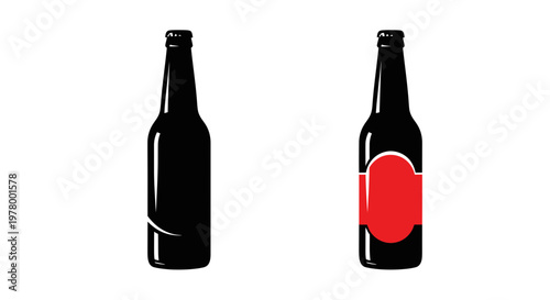 Two dark beer bottles, one with a red label, isolated on white background