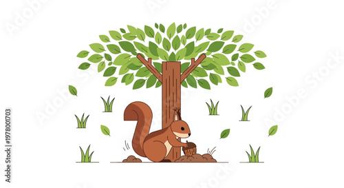 Cartoon squirrel burying acorn under tree in forest illustration; cute wildlife character with bushy tail and green leaves