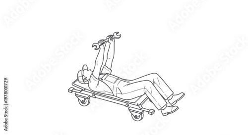 Mechanic performing strength training with wrenches on creeper