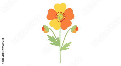 Charming stylized orange and yellow flower illustration with blooming buds vibrant floral design element on a clean white background