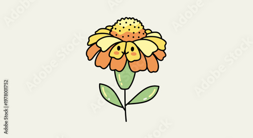 Cheerful cartoon flower with smiling face and sunny petals playful illustration on cream background ideal for children's designs and springtime themes