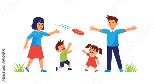 Cheerful family having fun playing frisbee outdoors in vector illustration style on bright day; happy mom dad kids enjoying game together