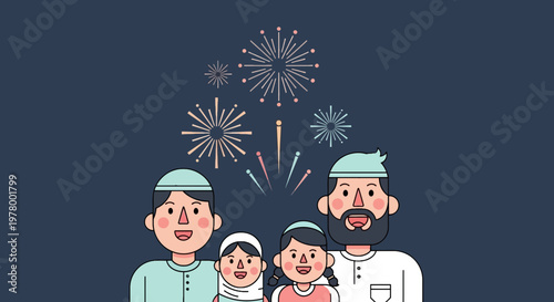 Cheerful Muslim family enjoys Eid al-Fitr with fireworks celebration; cartoon illustration with Islamic motifs on dark blue background