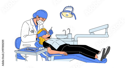 Dentist, dental care, medical illustration, vector graphic, blue and white, healthcare professional, patient, dental chair, treatment, examination, oral health, clinic, medicine