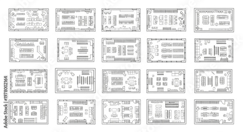 Collection of architectural floor plan blueprints for buildings.