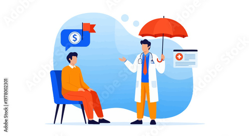 Medical finance, healthcare insurance, doctor patient consultation, umbrella protection, vector illustration
