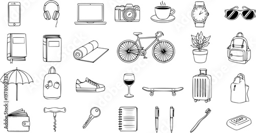 Vector Doodle Set: Travel, Lifestyle, and Leisure Items - Hand-Drawn Line Art