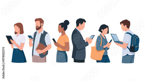 Diverse group of people standing and actively engaging with various digital devices like phones and tablets