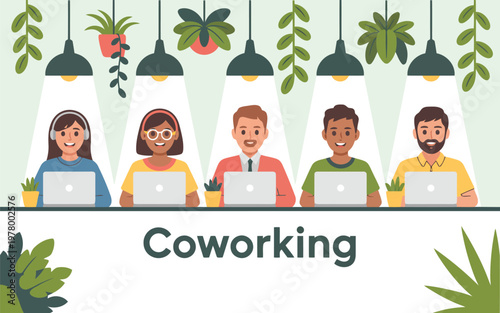 Diverse group of smiling young people working on their laptops in a bright coworking office environment