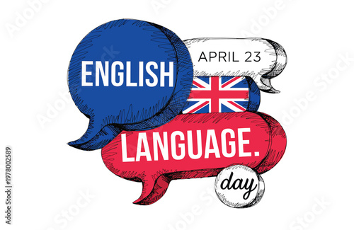 English Language Day Celebration Poster With Union Jack Speech Bubbles, April 23

