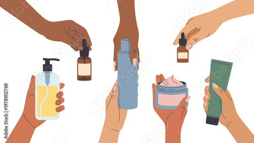 Diverse hands hold various beauty and skincare products including bottles, tubes, and jars on white
