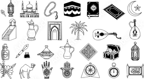 Islamic Symbols Set - Black and White Line Art Icons for Ramadan, Eid, and Muslim Culture