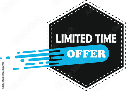 Limited time offer promotional badge, black and blue sale sticker with speed lines, retail marketing vector icon for discounts and special deals