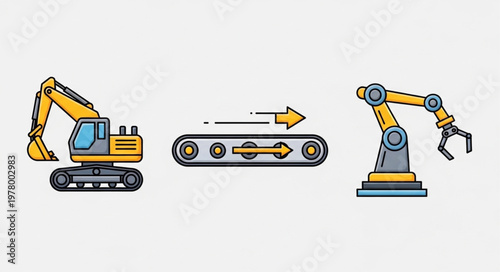 Excavator and robotic arm on conveyor belt illustration.