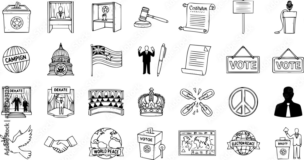 Fototapeta premium Black and White Line Art Icons Representing Election and Democracy Concepts