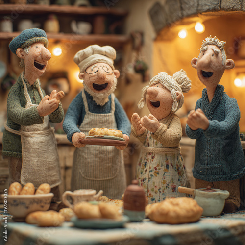 Warm kitchen scene with four cheerful figures. They celebrate freshly baked goods together. Clapping, smiling, and sharing joy in cozy light. Ideal for family, home, or festive food-themed projects