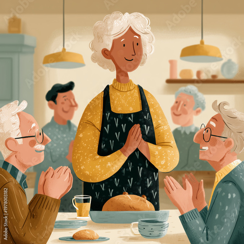 Warm kitchen scene with elderly people gathered. Woman stands, hands clasped, smiling kindly. Elderly men and women sit, clapping with joy. Table holds bread, tea, and a cup of coffee