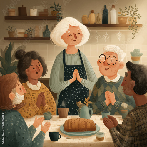 Warm kitchen scene with smiling elderly family gathering. Hands clasped in gratitude over shared bread and tea. Everyone radiates joy and connection during quiet meal. Perfect for storytelling