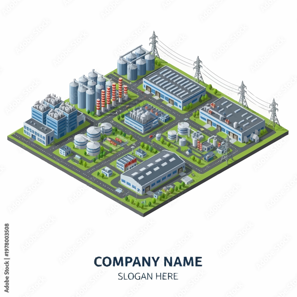 Obraz premium Isometric industrial complex with factories, warehouses, and power lines, representing manufacturing and industry.