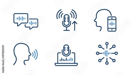 Hand drawn AI speech voice recognition icon set, blue outline vector graphics, voice assistant and AI technology illustration, modern minimal design