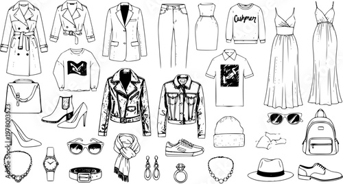 Hand-Drawn Black and White Line Art Fashion Apparel and Accessories Set. Outline Sketch Collection of Clothing, Shoes, Bags, Jewelry, Hats, Scarves, and Stylish Wardrobe Items.