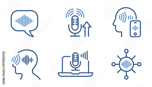 Hand drawn AI speech voice recognition icon set, blue outline vector graphics, voice assistant and AI technology illustration, modern minimal design