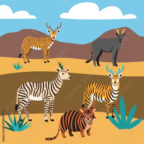 A collection of surreal hybrid creatures blending zebra and tiger patterns with deer antlers.