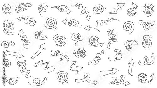 Huge collection of hand drawn swirly arrows and spiral doodles in a sketchy line art style useful for directional cues and graphic accents.