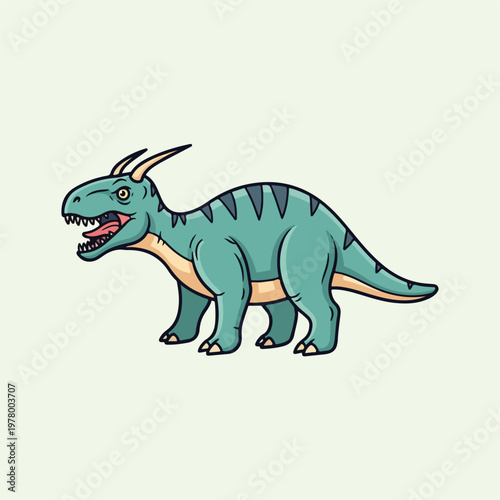 Cartoon dinosaur illustration of a horned herbivore in a playful style.