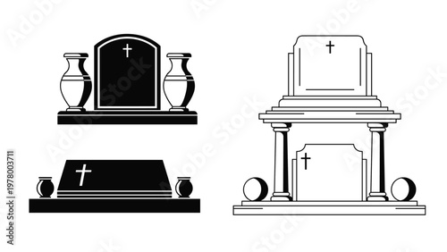 Various styles of cemetery headstones and family monuments including both simple black silhouettes and detailed white architectural designs.