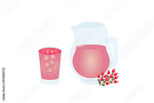 ガラスのポットとティーカップに入ったアイスローズヒップティー