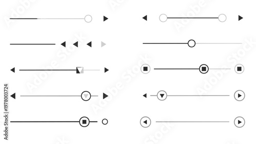 Comprehensive set of user interface slider bars and control elements in grayscale showing various positions and styles for web applications.