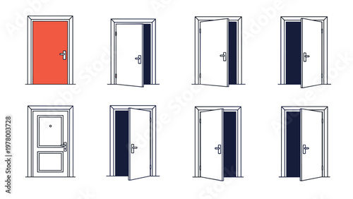 Icon set of office or room doors shown in various states from fully closed to partially open from different perspectives and color schemes.