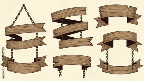 Set of rustic wooden banners and signboards of various shapes hanging from metal chains against a plain background for menu and event signs.