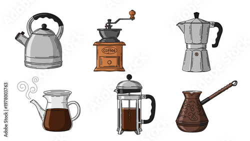 Selection of coffee brewing equipment including a silver kettle wooden manual grinder moka pot french press and a traditional cezve pot.