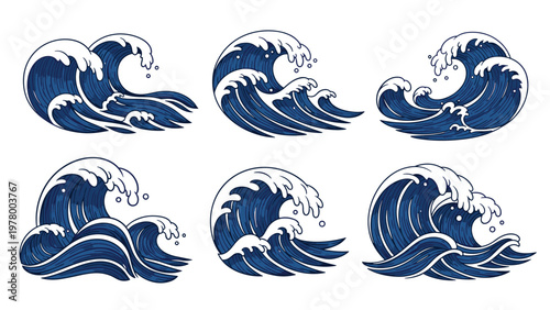 Six unique illustrations of stylized ocean waves with white sea foam and deep blue water inspired by traditional japanese woodblock prints.