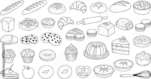 Black and White Hand-Drawn Line Art Set of Bakery Products and Baking Tools. Outline Collection of Bread, Pastries, Desserts, and Sweets for Food Industry and Recipe Design