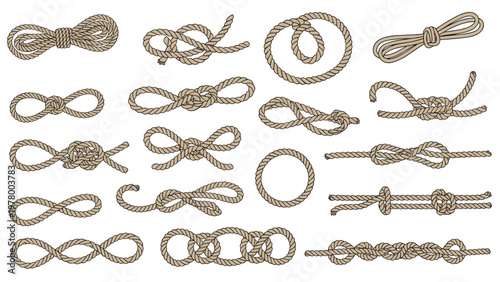 Collection of various types of nautical and climbing rope knots, hitches, and loops shown in a detailed hand-drawn illustration style.