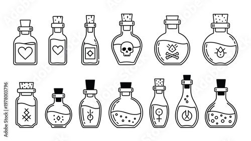 Selection of mystical alchemy potion bottles and glass flasks with corks containing various magical liquids and mysterious elixirs.