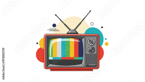 Retro red television set with a colorful screen test pattern and old fashioned antenna isolated against an abstract background.