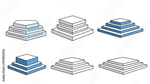 Set of blue and white isometric tiered platforms and pedestals for product displays and award ceremonies in a minimal style.