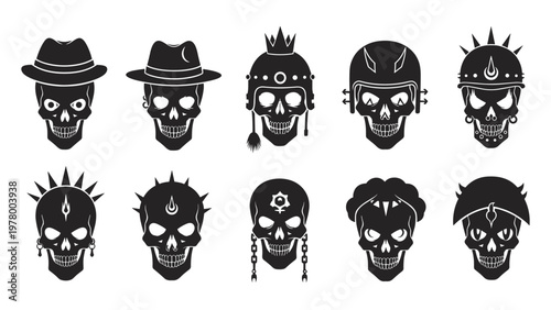 Set of human skull silhouette icons wearing different hats including helmets, crowns, and caps representing various subcultures.