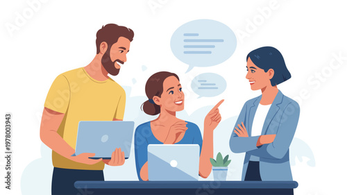 Diverse team of colleagues smiling and discussing business ideas during a productive informal meeting