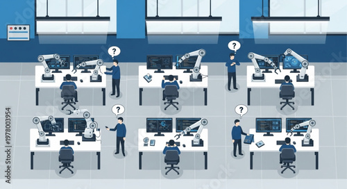 Robots and people working together in a modern office setting.