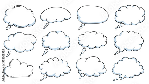 Variety of hand-drawn comic speech and thought bubbles for communication, dialogue, and creative storytelling in a cartoon style.