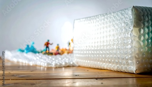 Miniature figures behind a protective bubble wrap barrier.