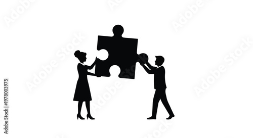 Two people silhouette fitting puzzle pieces together, symbolizing teamwork and connection.