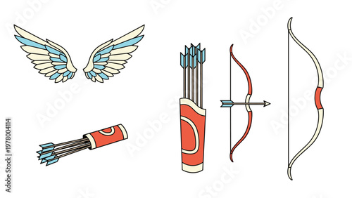 Archery equipment collection including traditional bows, quivers filled with arrows, and angel wings in a simple colorful style.