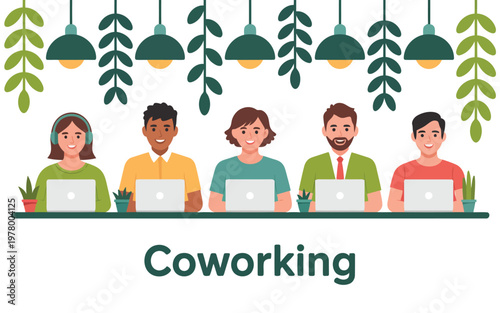 Five cheerful diverse individuals focused on laptops in a lively coworking space filled with plants