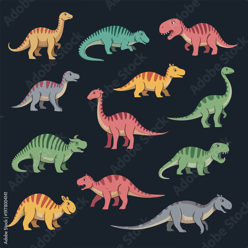 Collection of various colorful cartoon dinosaur characters set.